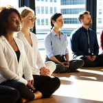 **Image Prompt:** A diverse group of business professionals meditating in a modern office space, sunlight streaming through the windows. The atmosphere is calm and focused, showcasing mindfulness in the workplace. Soft, diffused lighting. Emphasis on serenity and collaboration. Style: Realistic, Corporate Zen.