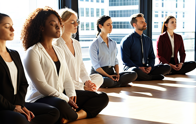 **Image Prompt:** A diverse group of business professionals meditating in a modern office space, sunlight streaming through the windows. The atmosphere is calm and focused, showcasing mindfulness in the workplace. Soft, diffused lighting. Emphasis on serenity and collaboration. Style: Realistic, Corporate Zen.