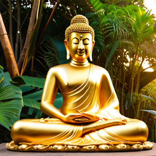 **Prompt:** A photorealistic image of a serene, golden Buddha statue in the Bhumisparsha Mudra (earth-touching gesture), bathed in the warm light of a sunrise in Thailand. Lush tropical foliage in the background. Highly detailed, 8k resolution.