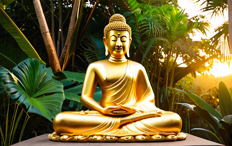 **Prompt:** A photorealistic image of a serene, golden Buddha statue in the Bhumisparsha Mudra (earth-touching gesture), bathed in the warm light of a sunrise in Thailand. Lush tropical foliage in the background. Highly detailed, 8k resolution.