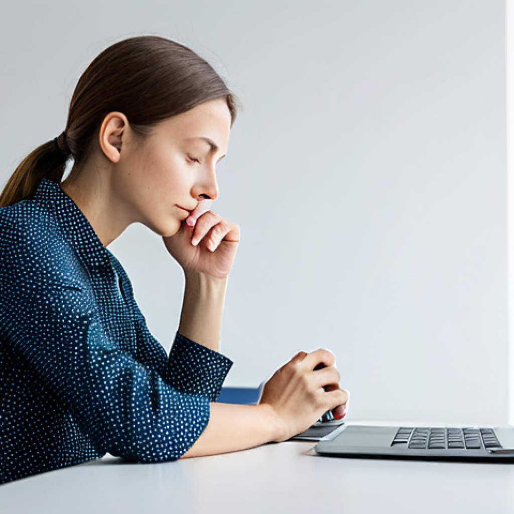 A professional individual, fully clothed in modest business casual attire, sits calmly at a minimalist desk in a bright, modern office space. The person is deep in thoughtful contemplation, exuding a sense of inner peace and focus. Soft, natural light fills the room, highlighting clean lines and subtle, non-distracting elements of technology like a sleek, turned-off tablet. The atmosphere is serene and conducive to mindfulness. This image is safe for work, appropriate content, and family-friendly. Perfect anatomy, correct proportions, natural pose, well-formed hands, proper finger count, natural body proportions, professional photography, high quality.