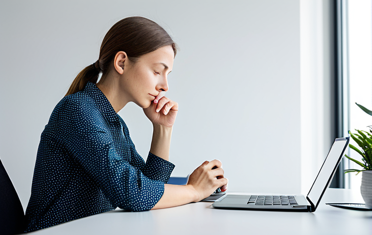 A professional individual, fully clothed in modest business casual attire, sits calmly at a minimalist desk in a bright, modern office space. The person is deep in thoughtful contemplation, exuding a sense of inner peace and focus. Soft, natural light fills the room, highlighting clean lines and subtle, non-distracting elements of technology like a sleek, turned-off tablet. The atmosphere is serene and conducive to mindfulness. This image is safe for work, appropriate content, and family-friendly. Perfect anatomy, correct proportions, natural pose, well-formed hands, proper finger count, natural body proportions, professional photography, high quality.