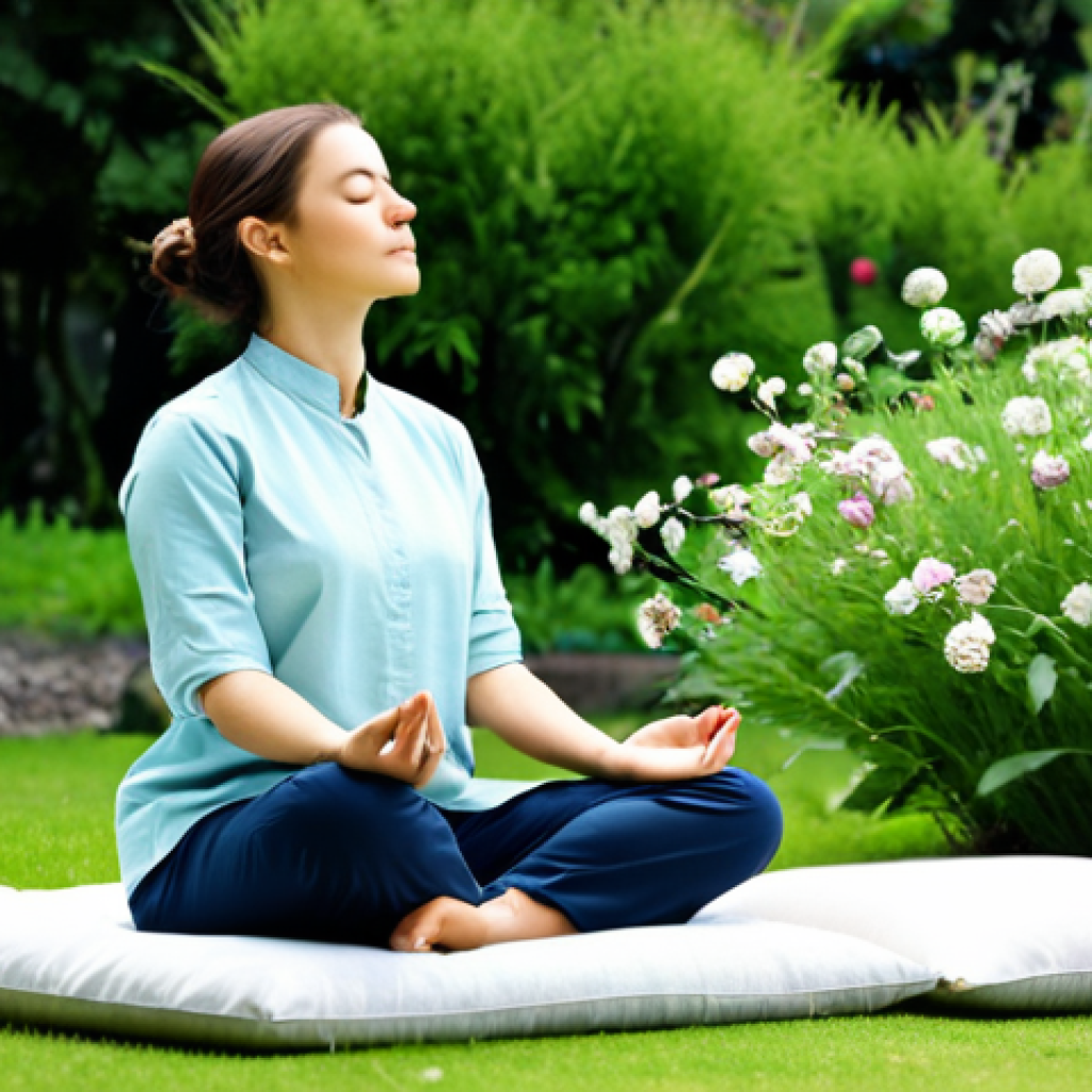 **

"A serene scene depicting a modern woman, fully clothed in modest, comfortable clothing, meditating outdoors in a peaceful garden. She is seated on a cushion with perfect posture, eyes gently closed, with an aura of calm surrounding her. In the background, there are blooming flowers and lush greenery. The image evokes mindfulness and inner peace. Safe for work, appropriate content, professional quality, perfect anatomy, natural proportions."

**