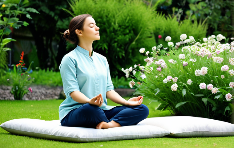 **

"A serene scene depicting a modern woman, fully clothed in modest, comfortable clothing, meditating outdoors in a peaceful garden. She is seated on a cushion with perfect posture, eyes gently closed, with an aura of calm surrounding her. In the background, there are blooming flowers and lush greenery. The image evokes mindfulness and inner peace. Safe for work, appropriate content, professional quality, perfect anatomy, natural proportions."

**