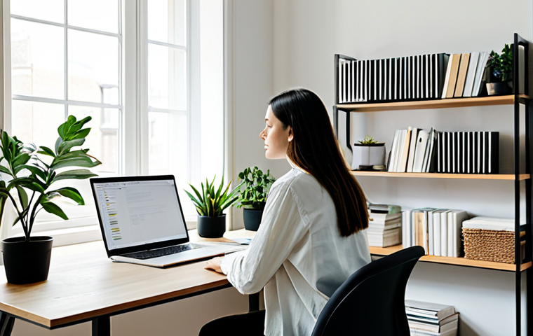 Decluttered Home Office**

"A serene and organized home office space, featuring a minimalist desk with a laptop and a single plant, surrounded by calming neutral tones, fully clothed person meditating in the background, bookshelf with carefully curated items, natural light streaming through a window, safe for work, appropriate content, fully clothed, professional, perfect anatomy, natural proportions, high quality."

**