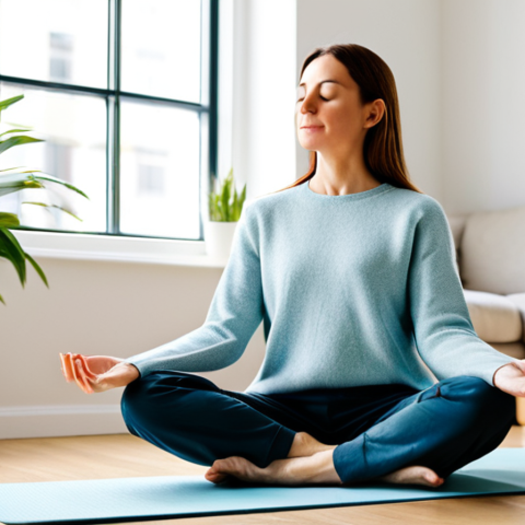Mindful Morning**

"A professional woman in her late 30s, fully clothed in a modest sweater and comfortable pants, sitting cross-legged on a yoga mat in a bright, sunlit living room. She is holding a mug of tea, eyes closed, with a serene expression. Soft morning light fills the room, highlighting the minimalist decor and potted plants. 'Mindfulness' is subtly visible as a word art piece on the wall. safe for work, appropriate content, perfect anatomy, natural proportions, professional photography, high quality, family-friendly."

**