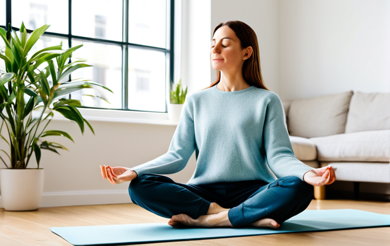 Mindful Morning**

"A professional woman in her late 30s, fully clothed in a modest sweater and comfortable pants, sitting cross-legged on a yoga mat in a bright, sunlit living room. She is holding a mug of tea, eyes closed, with a serene expression. Soft morning light fills the room, highlighting the minimalist decor and potted plants. 'Mindfulness' is subtly visible as a word art piece on the wall. safe for work, appropriate content, perfect anatomy, natural proportions, professional photography, high quality, family-friendly."

**