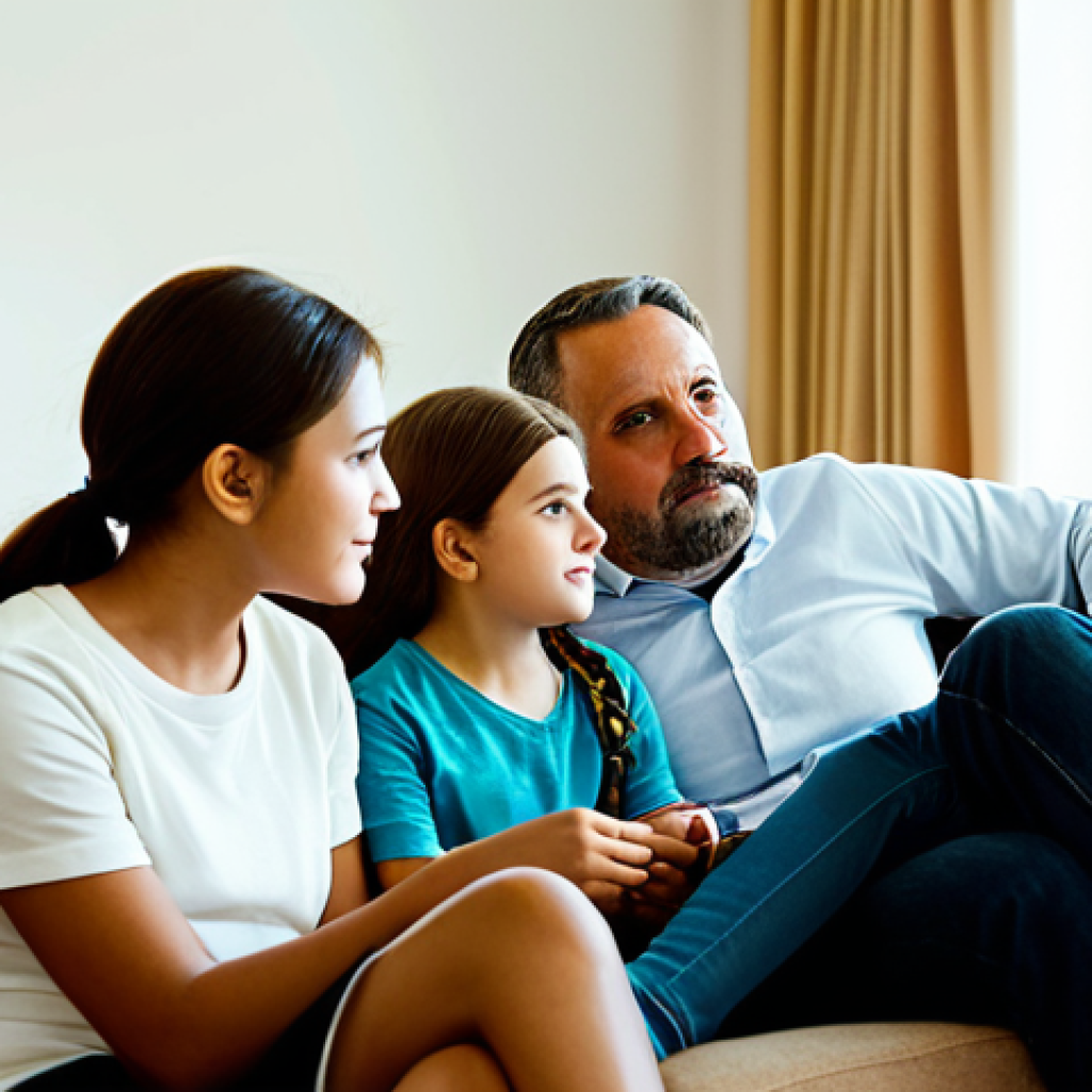 불교와 가족 - "A family of four, fully clothed in comfortable, modest attire, sitting together on a cozy sofa in a...