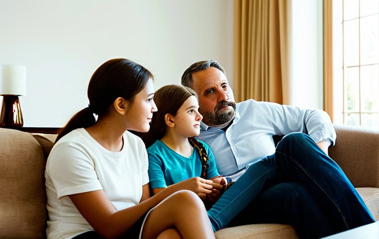 불교와 가족 - "A family of four, fully clothed in comfortable, modest attire, sitting together on a cozy sofa in a...