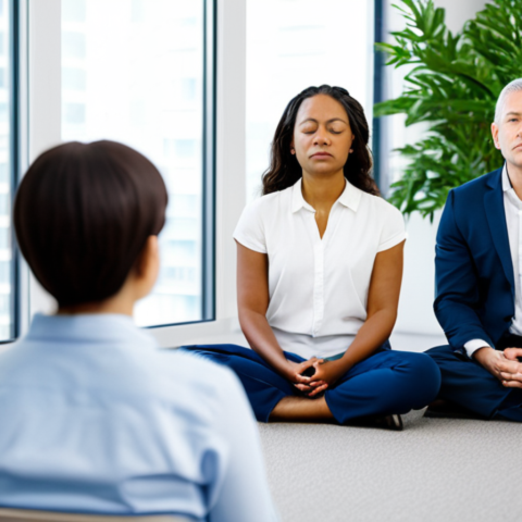 불교와 글로벌 네트워크 - **Prompt:** A diverse group of professionals in a modern office engaging in a guided mindfulness med...