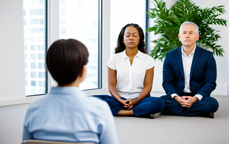 불교와 글로벌 네트워크 - **Prompt:** A diverse group of professionals in a modern office engaging in a guided mindfulness med...