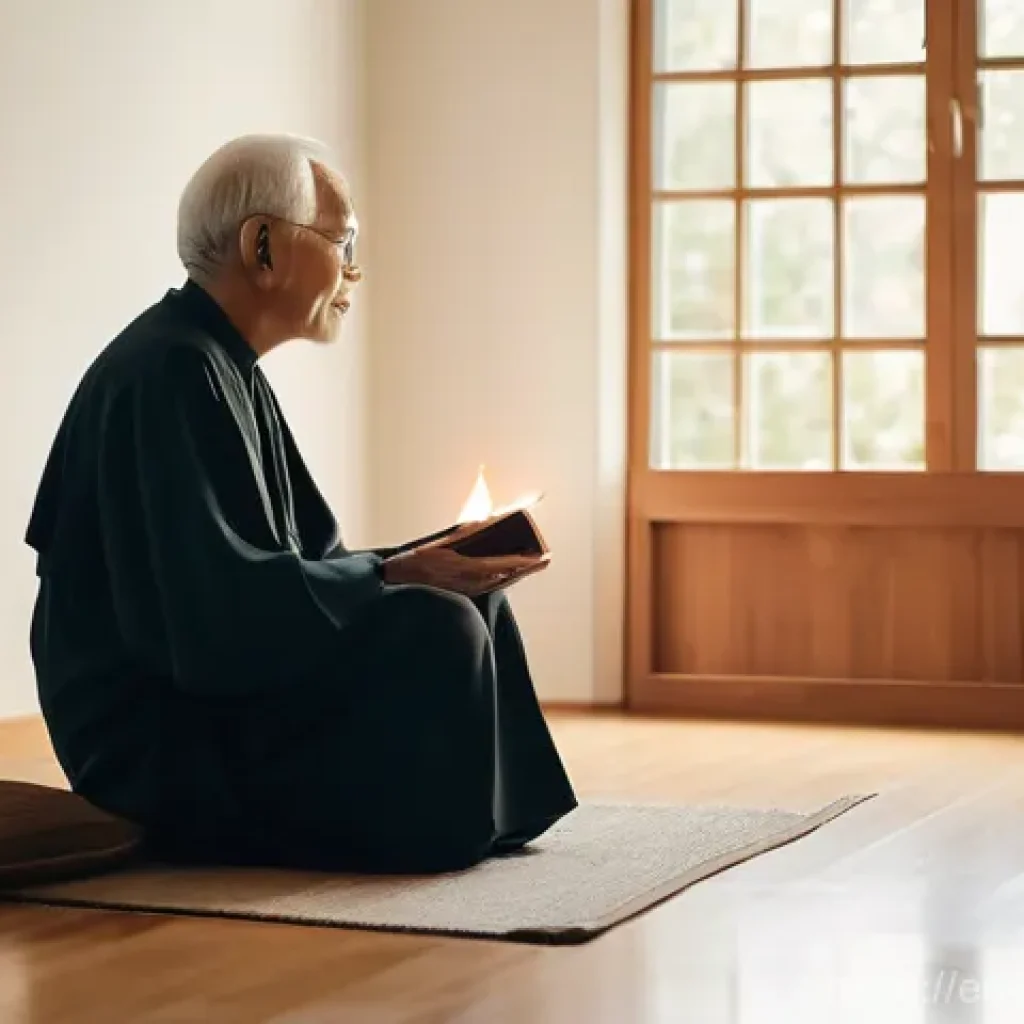 불교에서의 스승의 역할 - **Prompt 1: Serene Guidance in a Modern Setting**
    "A wise, elderly spiritual mentor, with a kind...