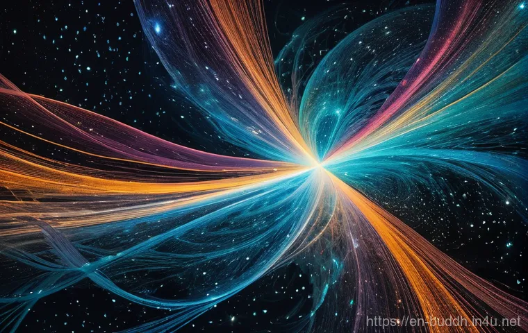 화엄경의 철학 - **Indra's Net: Cosmic Interconnectedness**
"An awe-inspiring, cosmic panorama depicting an infin...