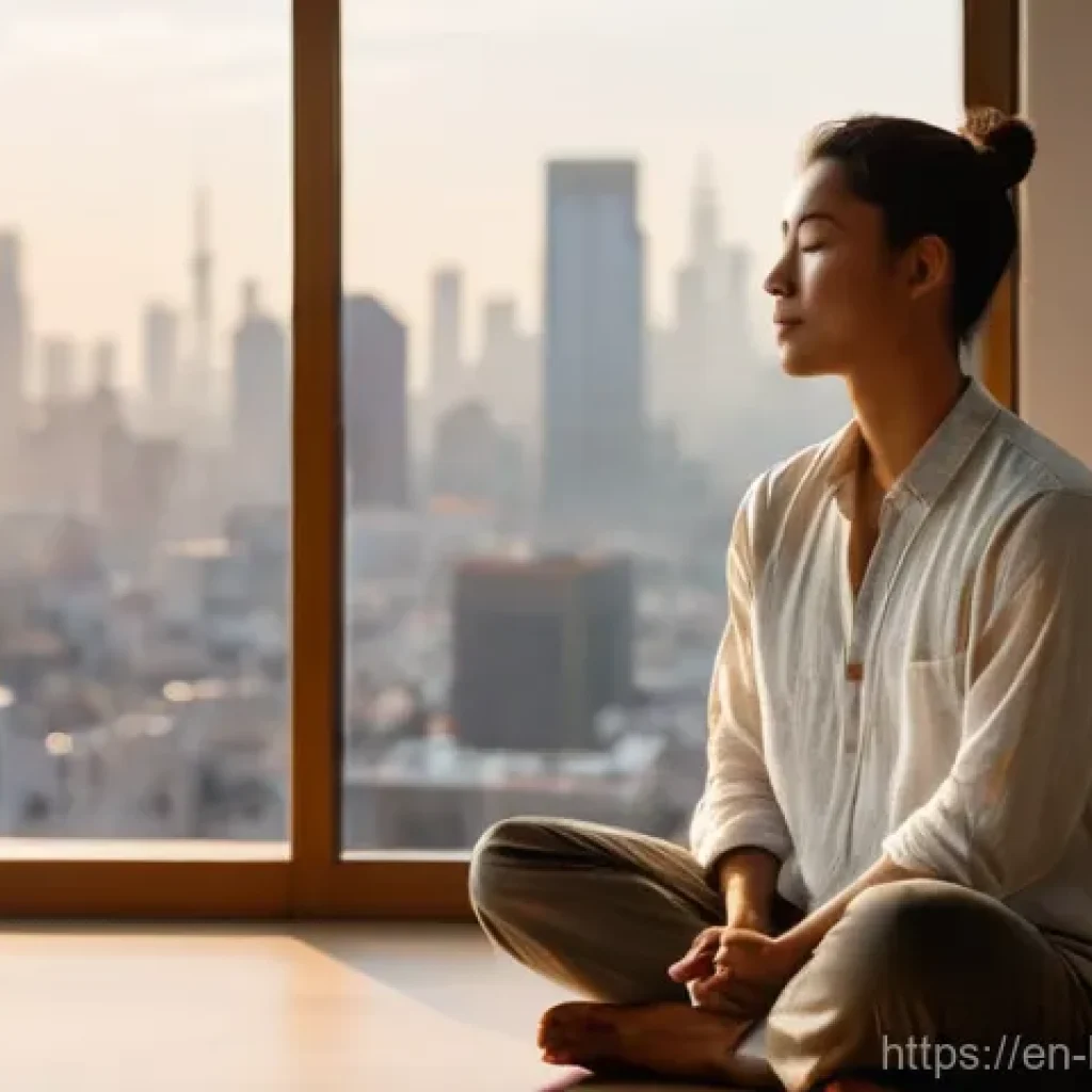 불교에서의 번뇌 극복 - **Prompt:** "A serene individual, mid-30s, gender-neutral appearance, sitting calmly in a sun-drench...