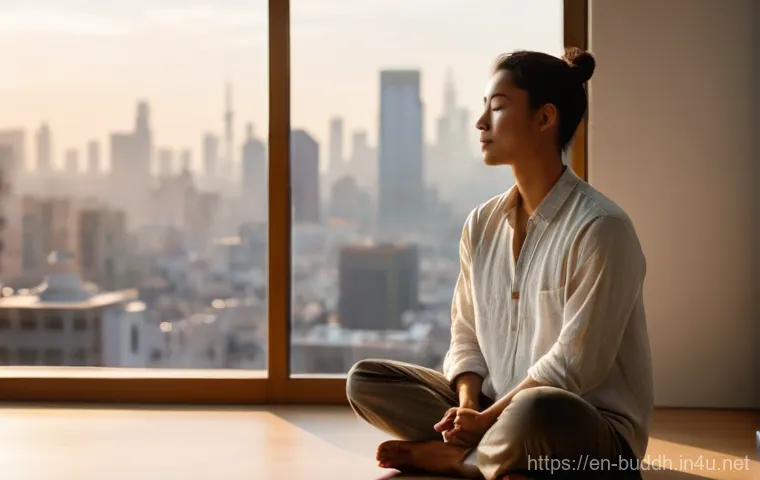 불교에서의 번뇌 극복 - **Prompt:** "A serene individual, mid-30s, gender-neutral appearance, sitting calmly in a sun-drench...