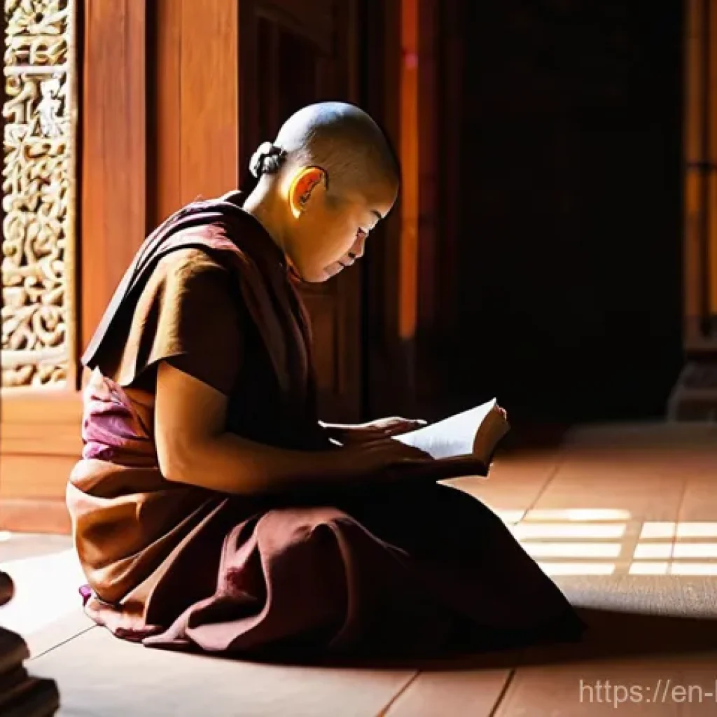 불교에서의 성차별 문제 - **Prompt:** "A serene, contemplative Buddhist nun (bhikkhuni) in traditional, modest monastic robes,...