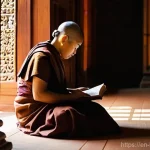 불교에서의 성차별 문제 - **Prompt:** "A serene, contemplative Buddhist nun (bhikkhuni) in traditional, modest monastic robes,...
