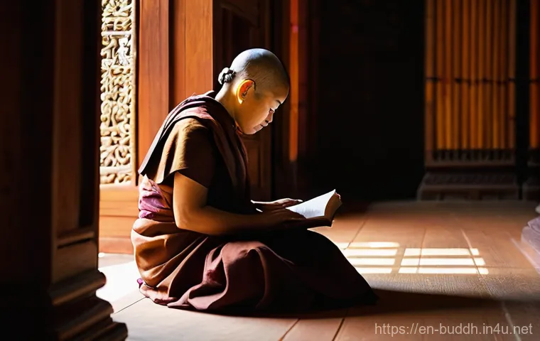 불교에서의 성차별 문제 - **Prompt:** "A serene, contemplative Buddhist nun (bhikkhuni) in traditional, modest monastic robes,...
