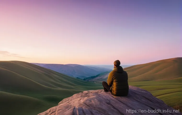 불교와 초월적 경험 - **Prompt:** A young adult, gender-neutral, sitting calmly on a park bench in a bustling urban enviro...