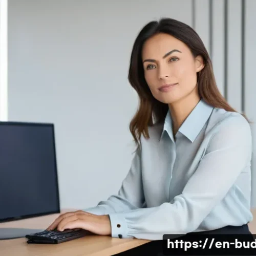 Home 26 불교와 직장 스트레스 - **Prompt:** A serene professional woman in her mid-30s, dressed in a smart business blouse and trous...