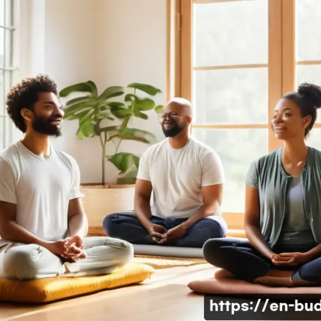 불교와 내적 평화 - A serene scene of a diverse group of adults sitting in a bright, airy meditation room during a mindf...