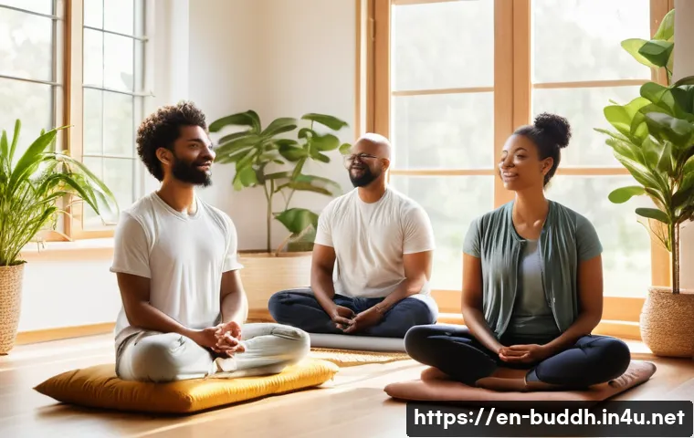불교와 내적 평화 - A serene scene of a diverse group of adults sitting in a bright, airy meditation room during a mindf...