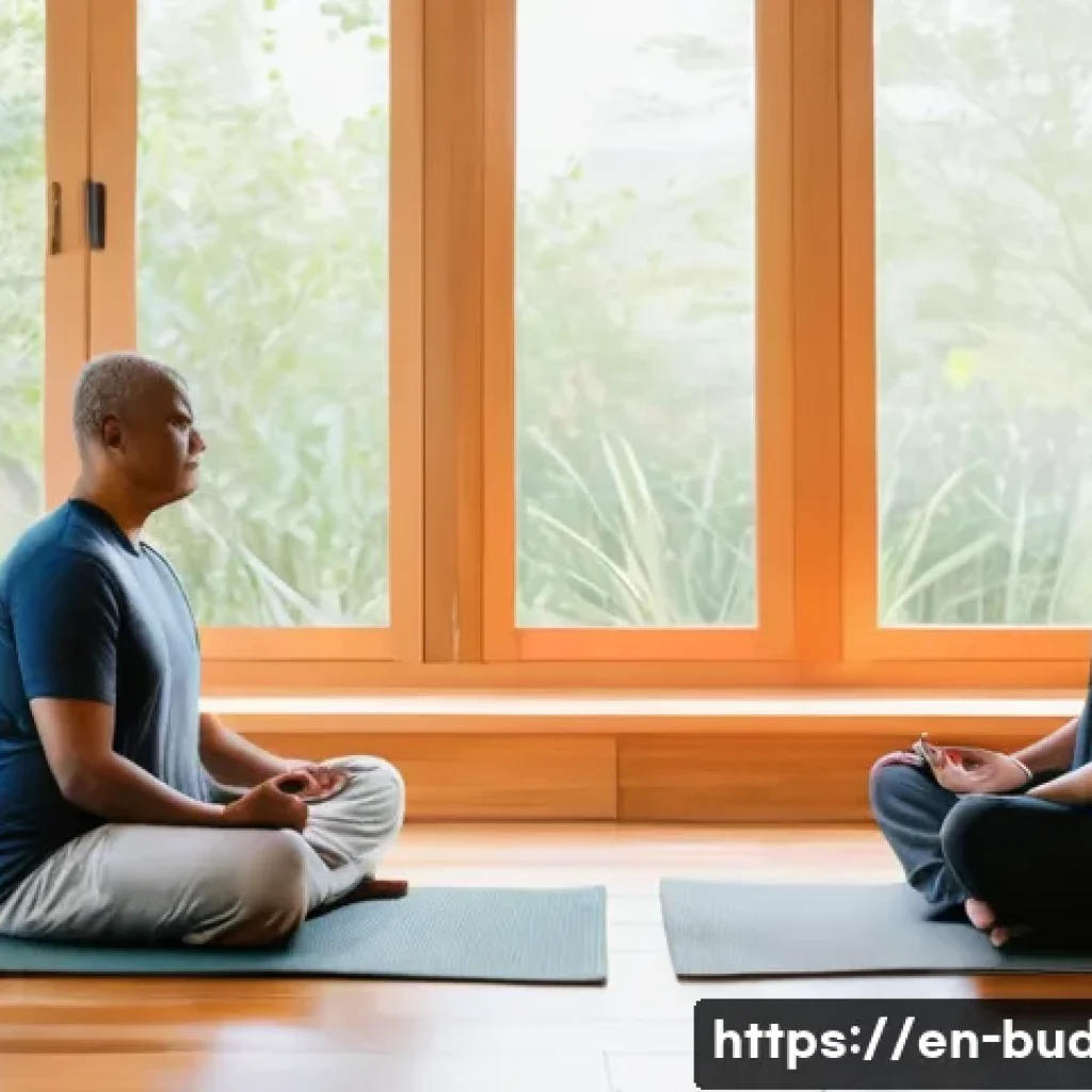 불교와 인간의 한계 - A serene, softly lit meditation room featuring a diverse group of adults practicing mindfulness medi...