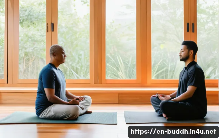 불교와 인간의 한계 - A serene, softly lit meditation room featuring a diverse group of adults practicing mindfulness medi...