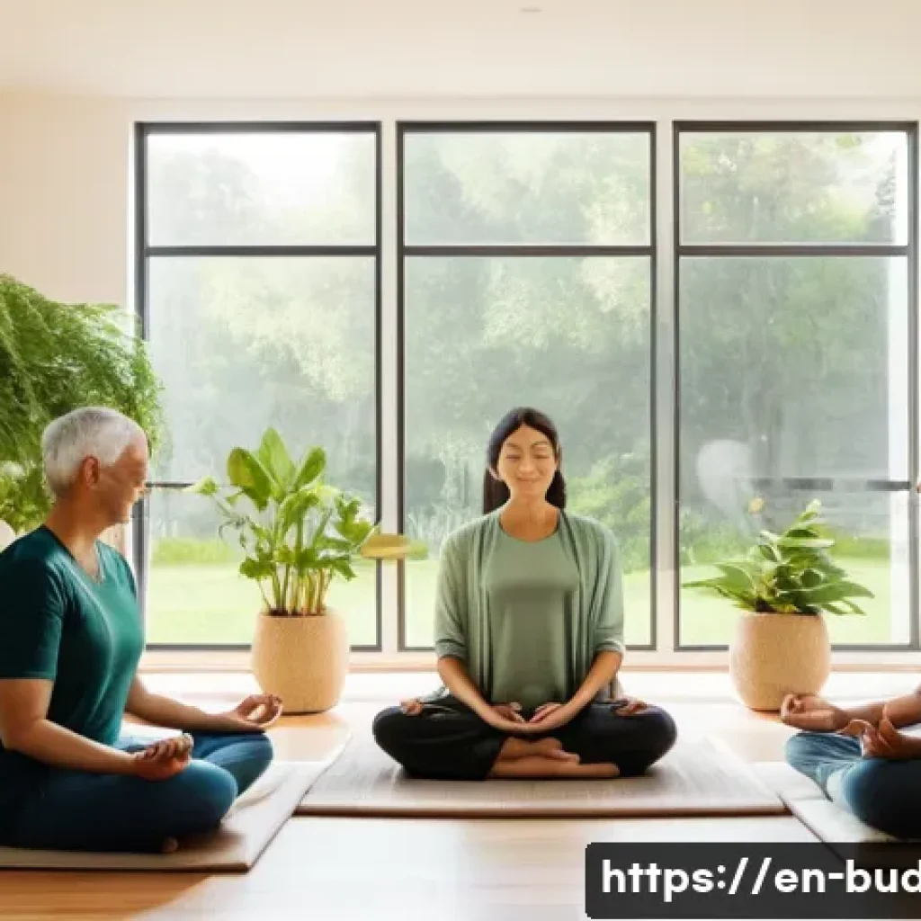 불교에서의 심리 치료법 - A serene, sunlit meditation room with large windows overlooking a peaceful garden in early morning l...