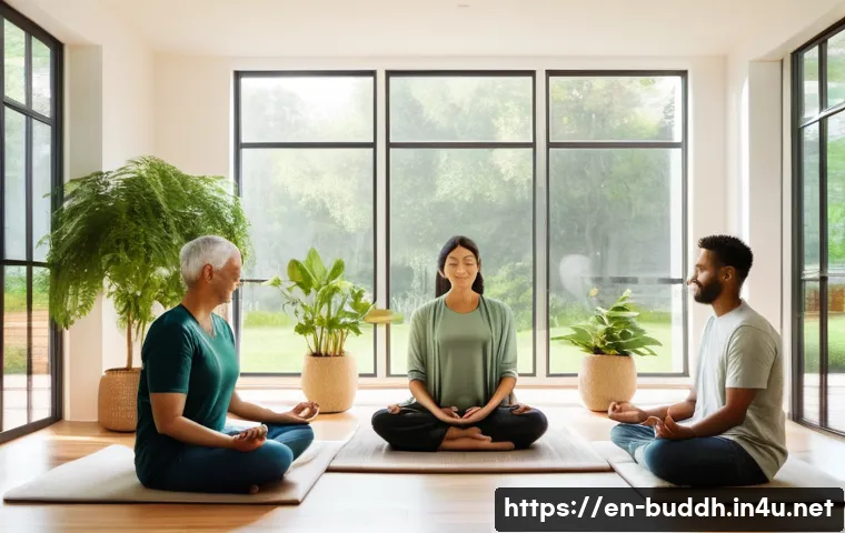 불교에서의 심리 치료법 - A serene, sunlit meditation room with large windows overlooking a peaceful garden in early morning l...
