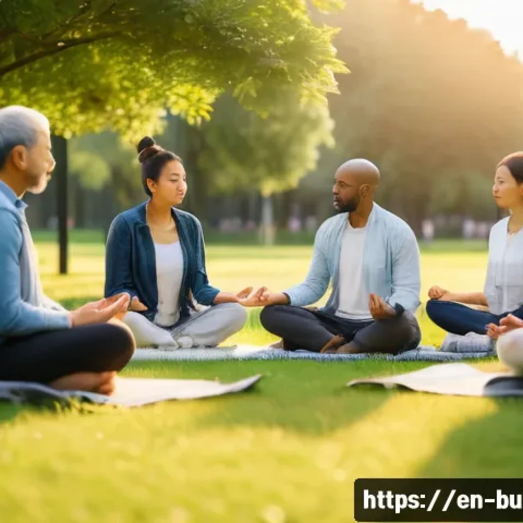 불교에서의 타인 존중 - A serene scene of a diverse group of adults practicing mindful communication in a modern urban park ...