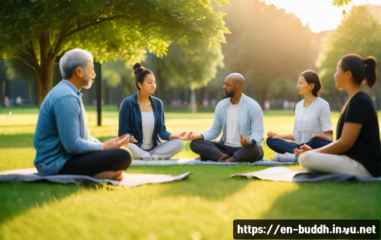 불교에서의 타인 존중 - A serene scene of a diverse group of adults practicing mindful communication in a modern urban park ...