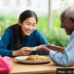 Home 22 불교에서의 자선활동 - A warm, inviting community center scene where diverse volunteers of different ages and ethnicities e...