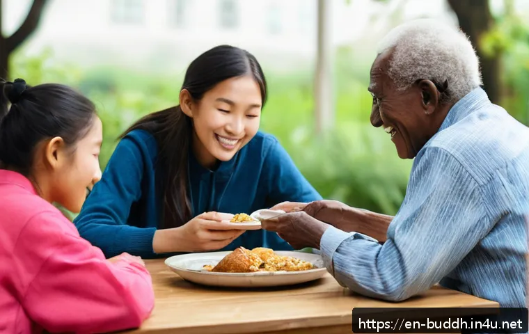 불교에서의 자선활동 - A warm, inviting community center scene where diverse volunteers of different ages and ethnicities e...