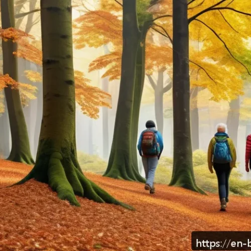 Home 33 불교와 생태주의 - A serene outdoor scene depicting a diverse group of people engaging in a mindful nature walk through...