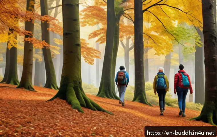 불교와 생태주의 - A serene outdoor scene depicting a diverse group of people engaging in a mindful nature walk through...