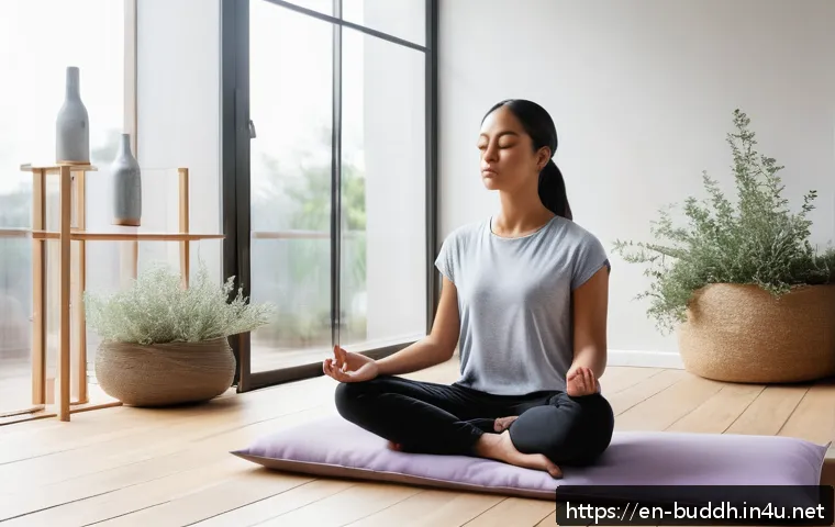위빠사나 명상 - A serene indoor meditation space bathed in soft natural light from a large window, featuring a comfo...