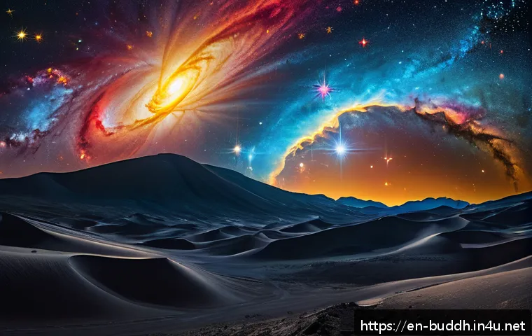 불교와 우주론 - A vast cosmic landscape illustrating the dance of impermanence: radiant stars at various life stages...