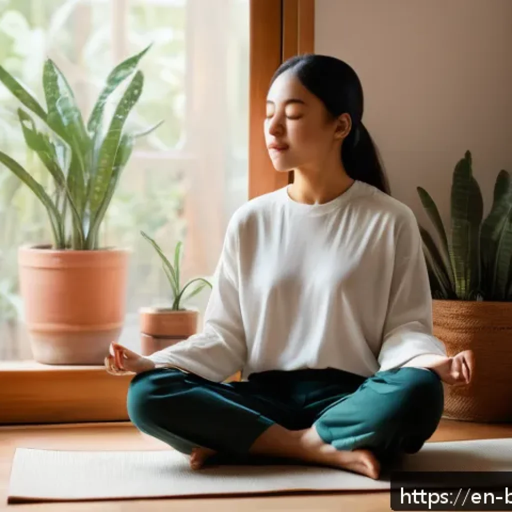 불교에서의 자기 개선 - A serene scene of a person sitting cross-legged in a cozy, softly lit room designed for meditation a...