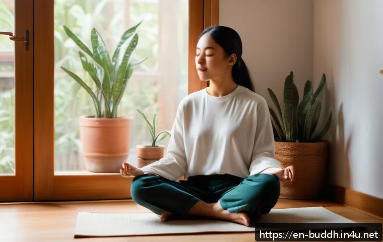불교에서의 자기 개선 - A serene scene of a person sitting cross-legged in a cozy, softly lit room designed for meditation a...
