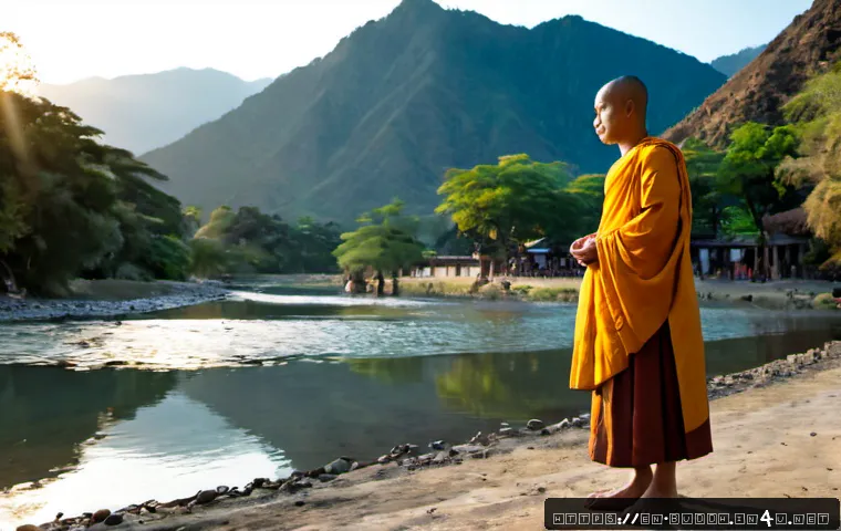 Home 17 불교와 세계의 연결 - Photorealistic wide-angle scene of a serene Buddhist monk in simple saffron robes standing beside a ...