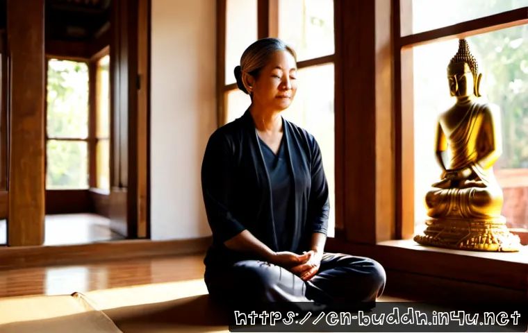 불교에서의 신앙의 의미 - Photorealistic scene of a middle-aged Buddhist laywoman sitting quietly on a meditation cushion in a...
