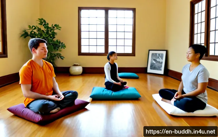 불교에서의 혁신적 접근 - Photorealistic modern Buddhist meditation center in a bright American city neighborhood, diverse adu...