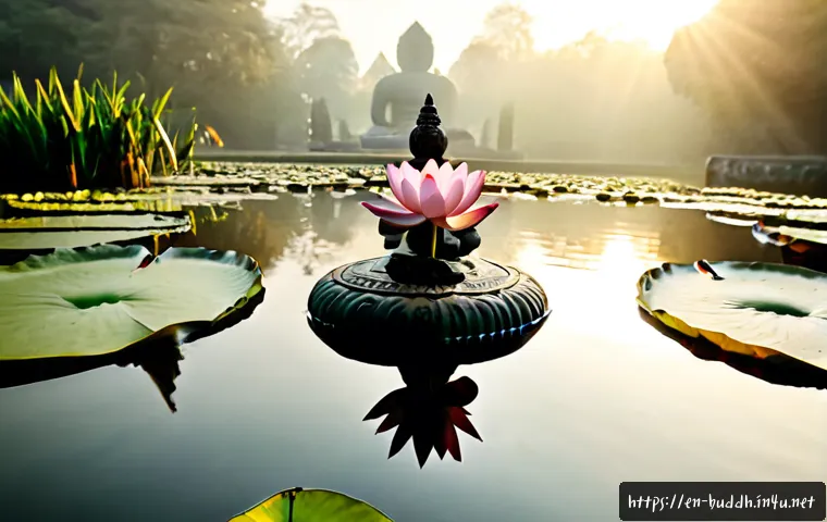 연꽃과 불교 - Photorealistic sunrise scene of a single pink lotus flower floating on still pond water beside a ser...