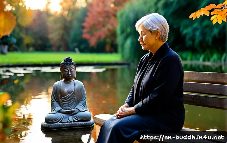 불교에서의 삶의 교훈 - Photorealistic early morning scene of an older Western woman sitting quietly on a wooden bench besid...