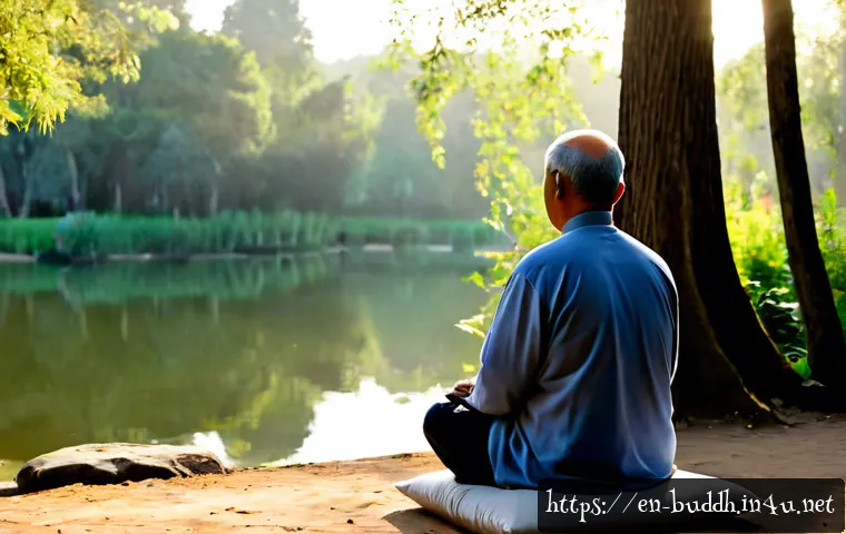 불교에서의 삶의 방향성 - Photorealistic early morning scene of a middle-aged Western man sitting quietly on a simple meditati...