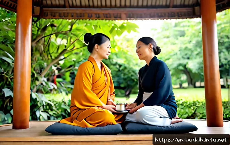 불교에서의 인간 관계 개선 - Photorealistic peaceful Buddhist-inspired relationship improvement scene, two diverse middle-aged fr...