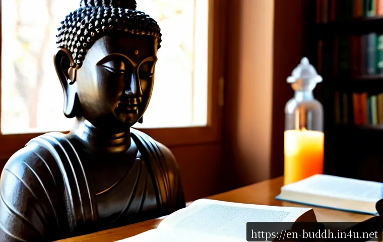 Home 17 불교와 서양 철학 - Photorealistic quiet study scene exploring Buddhism and Western philosophy: a serene stone Buddha st...
